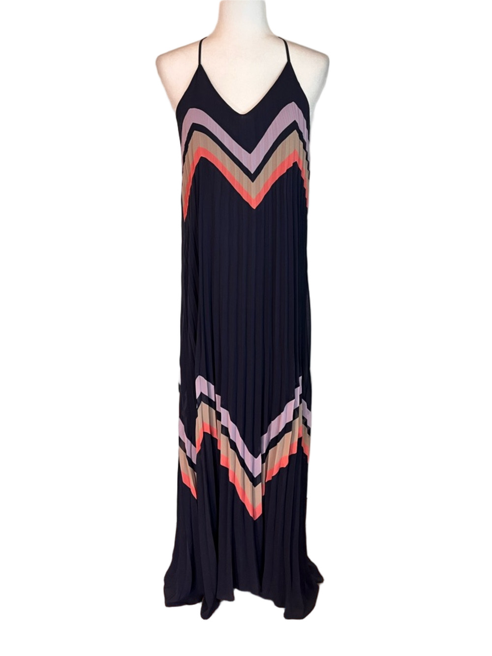 Y.A.S. Navy Chevron Pleated Maxi Dress Medium Pink Coral Beige Boho Chic - Picture 2 of 14